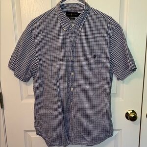 Men's Sz XL Blue Checkered Plaid Short Sleeve Slim Fit SeerSucker Shirt
